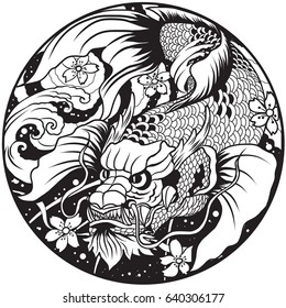 hand drawn koi fish in circle, Japanese carp line drawing coloring book vector image