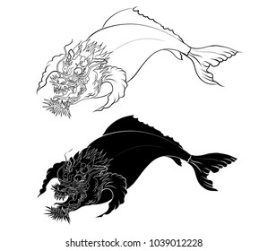 hand drawn koi fish in Dragon head, Japanese carp line drawing coloring book vector image