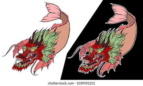 hand drawn koi fish in Dragon head, Japanese carp line drawing coloring book vector image.