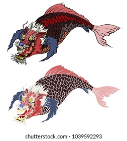 hand drawn koi fish in Dragon head, Japanese carp line drawing coloring book vector image.