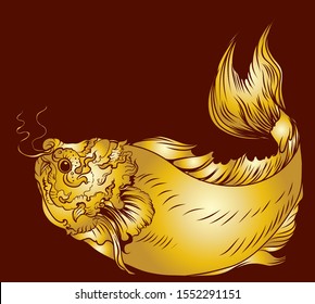 hand drawn koi fish in Dragon head, Japanese carp line drawing coloring book vector image.Gold koi carp fish and line thai style.