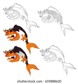 hand drawn koi fish in Dragon head, Japanese carp line drawing coloring book vector image
