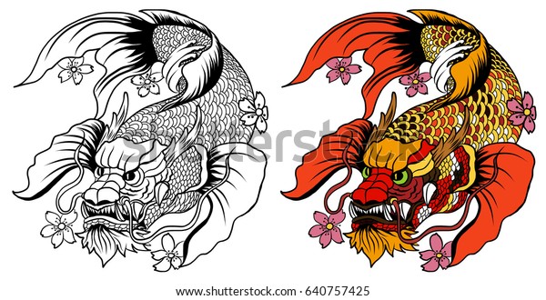 hand drawn koi fish in Dragon head,\
Japanese carp line drawing coloring book vector\
image