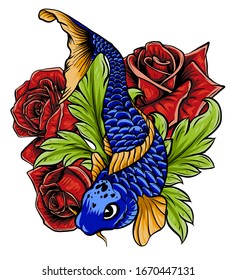 hand drawn koi fish with flower tattoo for Arm.Colorful Koi carp with Water splash