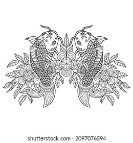 Hand drawn of koi fish with flower in zentangle style