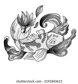 pez koi dibujado a mano con tatuaje de flor para Brazo. Tatuaje japonés e ilustración para libro de colorear. Diseño tradicional asiático de tatuajes. Carpa de Koi con salpicadura de agua