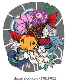 hand drawn koi fish with flower tattoo for Arm