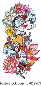 hand drawn koi fish with flower tattoo for Arm