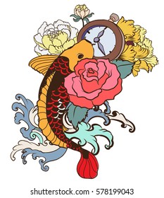 hand drawn koi fish with flower tattoo for Arm