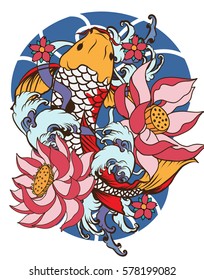 hand drawn koi fish with flower tattoo for Arm