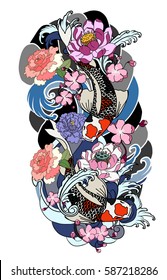 hand drawn koi fish with flower tattoo for Arm, Japanese carp line drawing coloring book vector image