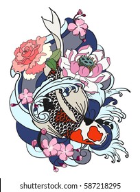 hand drawn koi fish with flower tattoo for Arm, Japanese carp line drawing coloring book vector image