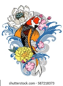 hand drawn koi fish with flower tattoo for Arm, Japanese carp line drawing coloring book vector image