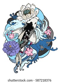 hand drawn koi fish with flower tattoo for Arm, Japanese carp line drawing coloring book vector image