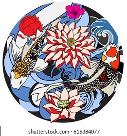 hand drawn koi fish with flower in Circle ,Japanese tattoo design