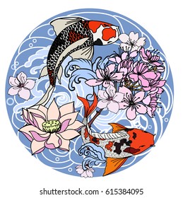 hand drawn koi fish with flower in Circle ,Japanese tattoo design