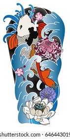hand drawn koi fish with flower tattoo for Arm