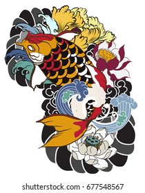 hand drawn koi fish with flower tattoo for Arm.Colorful Koi carp with Water splash,lotus and peony flower.Japanese tattoo and illustration for coloring book.Asian traditional tattoo design.