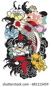 hand drawn koi fish with flower tattoo for Arm.Colorful Koi carp with Water splash,lotus and peony flower.Japanese tattoo and illustration for coloring book.Asian traditional tattoo design.