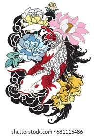 peces koi dibujados a mano con tatuajes de flores para el brazo. Colorida carpa Koi con salpicaduras de agua, loto y flores de peón. Tatuaje japonés e ilustración para libro de colorear. Diseño tradicional asiático de tatuajes.