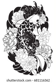 hand drawn koi fish with flower tattoo for Arm.doodle Koi carp with Water splash,lotus and peony flower.Japanese tattoo and illustration for coloring book.Asian traditional tattoo design.