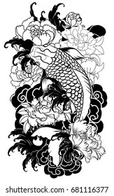 hand drawn koi fish with flower tattoo for Arm.doodle Koi carp with Water splash,lotus and peony flower.Japanese tattoo and illustration for coloring book.Asian traditional tattoo design.