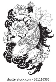 hand drawn koi fish with flower tattoo for Arm.doodle Koi carp with Water splash,lotus and peony flower.Japanese tattoo and illustration for coloring book.Asian traditional tattoo design.