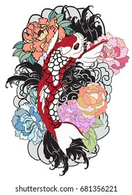 hand drawn koi fish with flower tattoo for Arm.Colorful Koi carp with Water splash,lotus and peony flower.Japanese tattoo and illustration for coloring book.Asian traditional tattoo design.