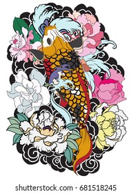 hand drawn koi fish with flower tattoo for Arm.Colorful Koi carp with Water splash,lotus and peony flower.Japanese tattoo and illustration for coloring book.Asian traditional tattoo design.