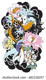 hand drawn koi fish with flower tattoo for Arm.Colorful Koi carp with Water splash,lotus and peony flower.Japanese tattoo and illustration for coloring book.Asian traditional tattoo design.