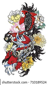 hand drawn koi fish with flower tattoo for Arm.Colorful Koi carp with Water splash,lotus and peony flower.Japanese tattoo and illustration for coloring book.Asian traditional tattoo design.