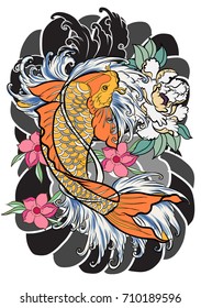 hand drawn koi fish with flower tattoo for Arm.Colorful Koi carp with Water splash,lotus and peony flower.Japanese tattoo and illustration for coloring book.Asian traditional tattoo design.