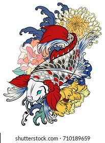 hand drawn koi fish with flower tattoo for Arm.Colorful Koi carp with Water splash,lotus and peony flower.Japanese tattoo and illustration for coloring book.Asian traditional tattoo design.