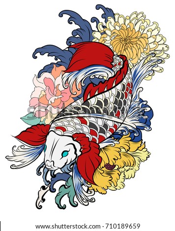 hand drawn koi fish with flower tattoo for Arm.Colorful Koi carp with Water splash,lotus and peony flower.Japanese tattoo and illustration for coloring book.Asian traditional tattoo design.