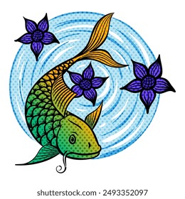 Hand drawn koi fish with lotus flower halftone color vector illustration