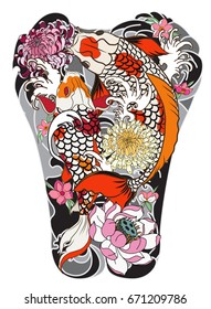 Hand drawn Koi fish with peony flower and wave tattoo,Japanese tattoo for Back body,  Japanese carp line drawing coloring book vector image.Colorful Koi carp with Water splash