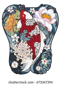 Hand drawn Koi fish with peony flower and wave tattoo,Japanese tattoo for Back body,  Japanese carp line drawing coloring book vector image.Colorful Koi carp with Wate