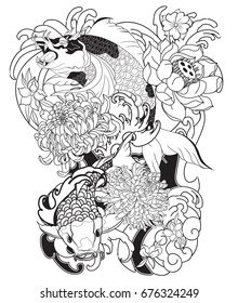 Hand drawn Koi fish with peony flower and wave tattoo,Japanese tattoo for Back body,  Japanese carp line drawing coloring book vector image.outline Koi carp with Water splash