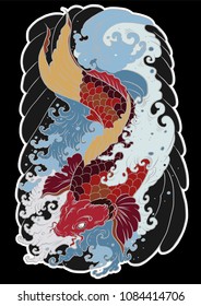 hand drawn koi fish tattoo.Japanese Koi carp with lotus flower and water splash tattoo.
