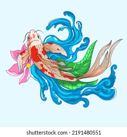 peces koi dibujados a mano, flores tropicales japonesas ilustraciones vectoriales.Colorida carpa Koi con salpicadura de agua, loto y flores de peonía. Imprimir para el gráfico de camisetas y otros usos.