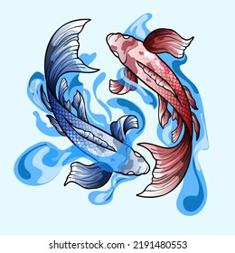 peces koi dibujados a mano, flores tropicales japonesas ilustraciones vectoriales.Colorida carpa Koi con salpicadura de agua, loto y flores de peonía. Imprimir para el gráfico de camisetas y otros usos.