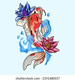 peces koi dibujados a mano, flores tropicales japonesas ilustraciones vectoriales.Colorida carpa Koi con salpicadura de agua, loto y flores de peonía. Imprimir para el gráfico de camisetas y otros usos.