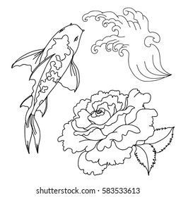 hand drawn Koi fish , wave and rose flower for tattoo design