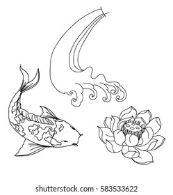 hand drawn Koi fish , wave and flower for tattoo design
