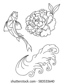 hand drawn Koi fish , wave and flower for tattoo design