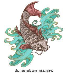 Hand drawn koi fish with wave. Japanese carp drawing. Vector illustration isolated on white background for posters, banners, t-shirts and other items.