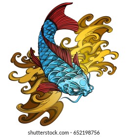 Hand drawn koi fish with wave. Japanese carp drawing. Vector illustration isolated on white background for posters, banners, t-shirts and other items.