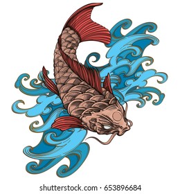 Hand drawn koi fish with wave. Japanese carp drawing. Vector illustration isolated on white background for posters, banners, t-shirts and other items.