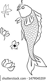Hand drawn Koifish with sakura and flower vector for coloring book on isolated background.