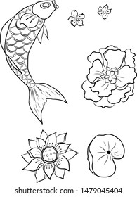 Hand drawn Koifish with sakura and flower vector for coloring book on isolated background.
